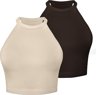 Sunzel Women's Ribbed Halterneck High Neck Seamless Camisole Sleeveless Crop Tank Tops