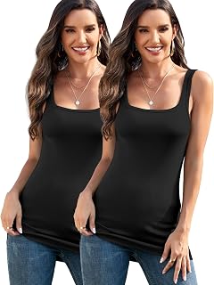 TAIPOVE 2 Packs Square Neck Long Tank Tops for Women Ribbed Cotton Camisole Slim Fit Basic Undershirts for Casual Daily Wear