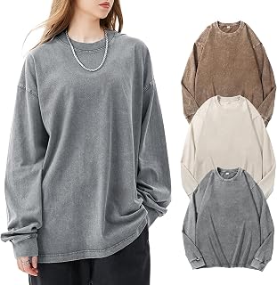 Yimoon オーバーサイズ Tシャツ 女性用 コットン 長袖 シャツ アシッド ウォッシュ バギー Tシャツ ヴィンテージ Tシャツ ストリートウェア