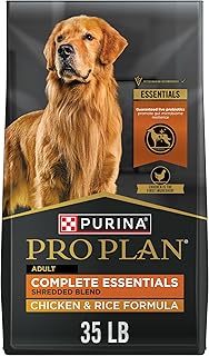 Purina Pro Plan Complete Essentials Chicken & Rice Dry Dog Food, 35 lb Bag | Shredded Blend crunchy kibble with tender pieces, real chicken as the first ingredient, live probiotics for digestive health