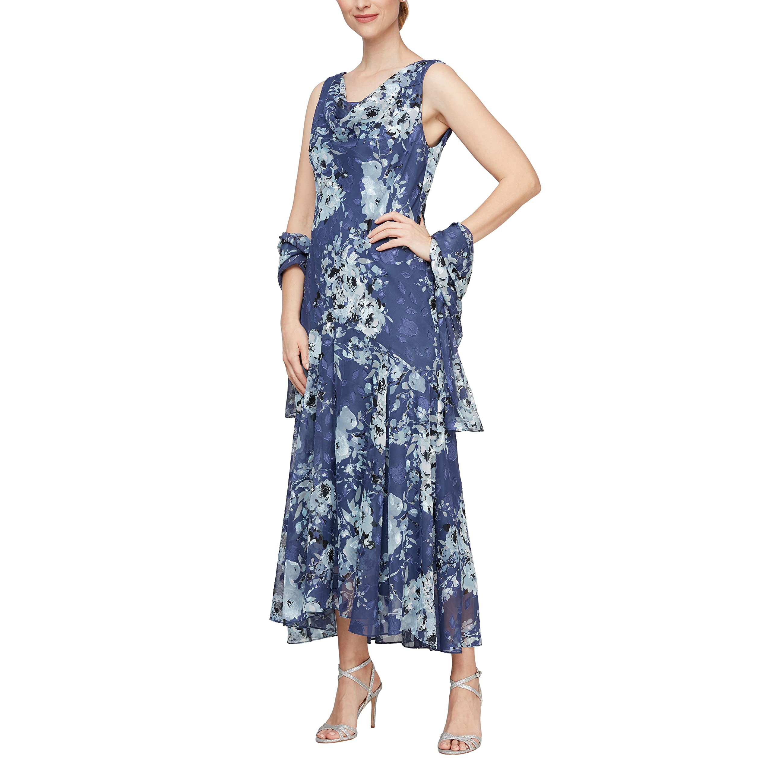 Alex Evenings Women's Sleeveless Printed Chiffon Dress with Shawl, Wedgewood Flo
