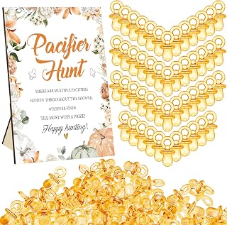 Thyle 51 Pcs Fall Pumpkin Pacifier Hunt Baby Shower Game | 50 Acrylic Charms with Hunt Sign, Gender Reveal Party Supplies, Pumpkin Theme Decor, Autumn Game Activity Set