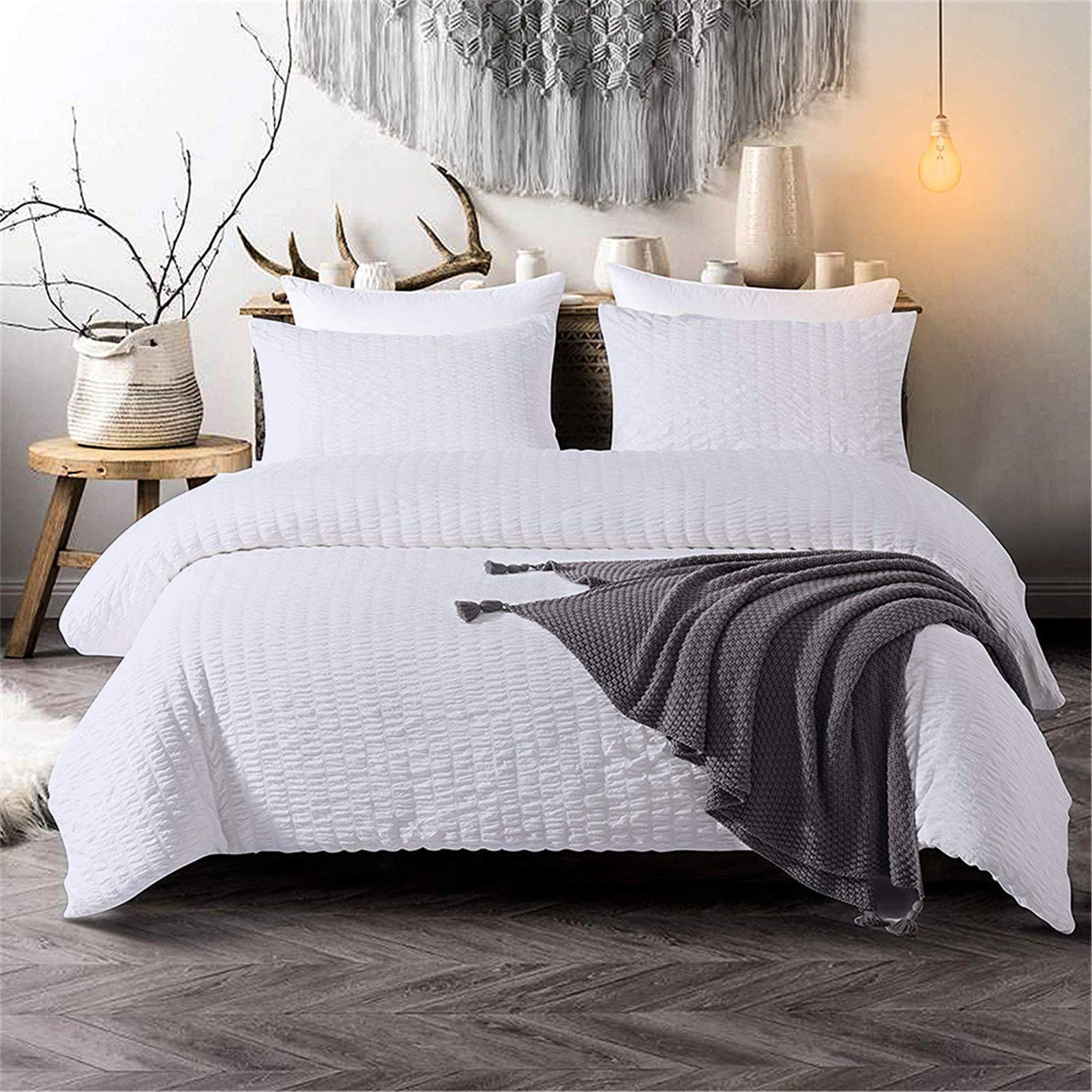 Classic Seersucker Duvet Cover Teens White Pinch Pleat Bedding Set for Adults wi
