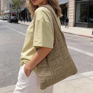 Shoulder Bag Vintage Crochet Mesh Handmade Hollow Design Tote Lightweight Casual Purse Knitted Openwork Shopping Bag