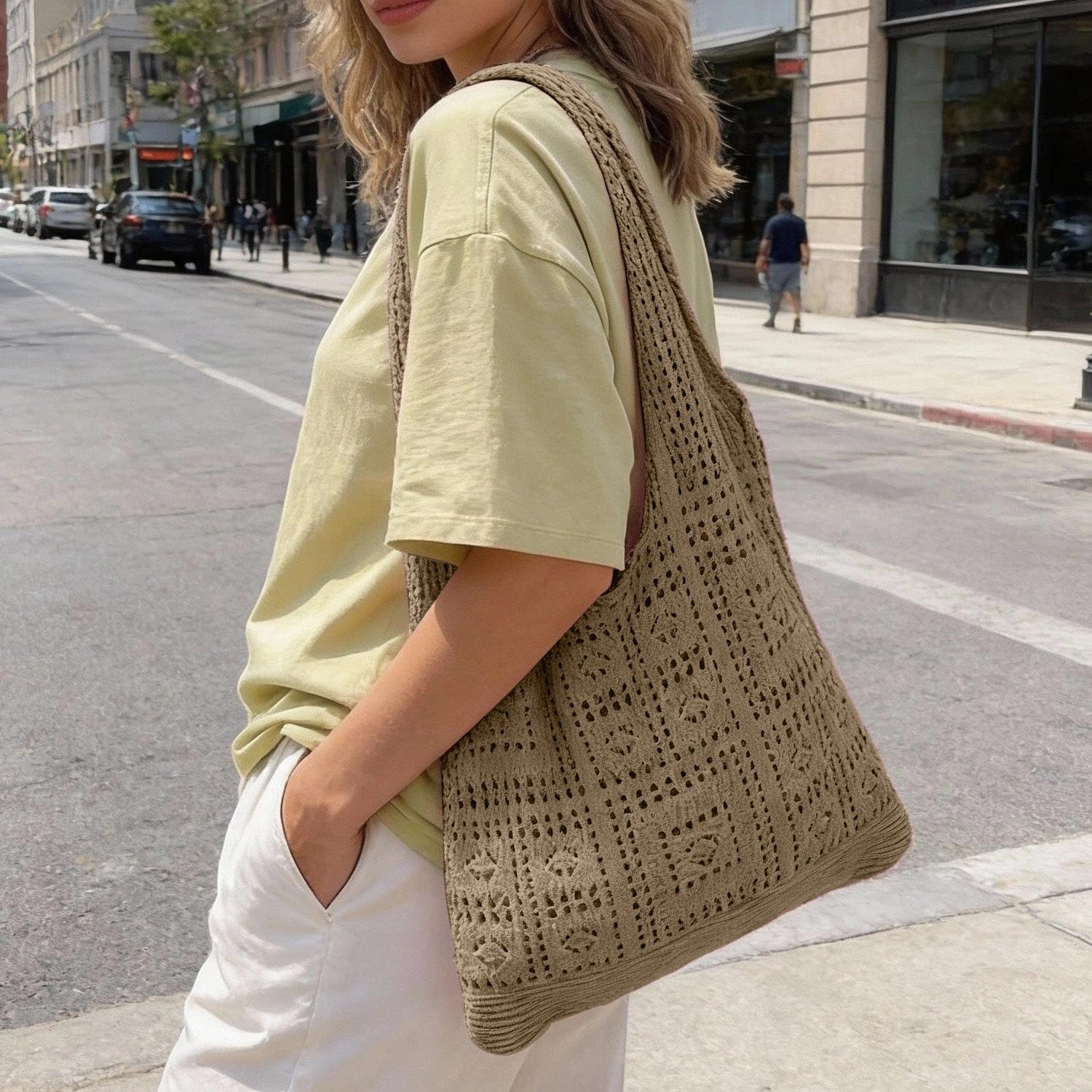 Shoulder Bag Vintage Crochet Mesh Handmade Hollow Design Tote Lightweight Casual
