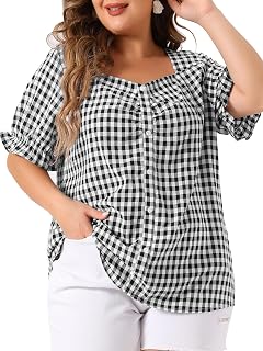 Agnes Orinda Women's Plus Size Gingham Tops 1950s Sweetheart Neck Flounce Sleeve Summer Blouse Top