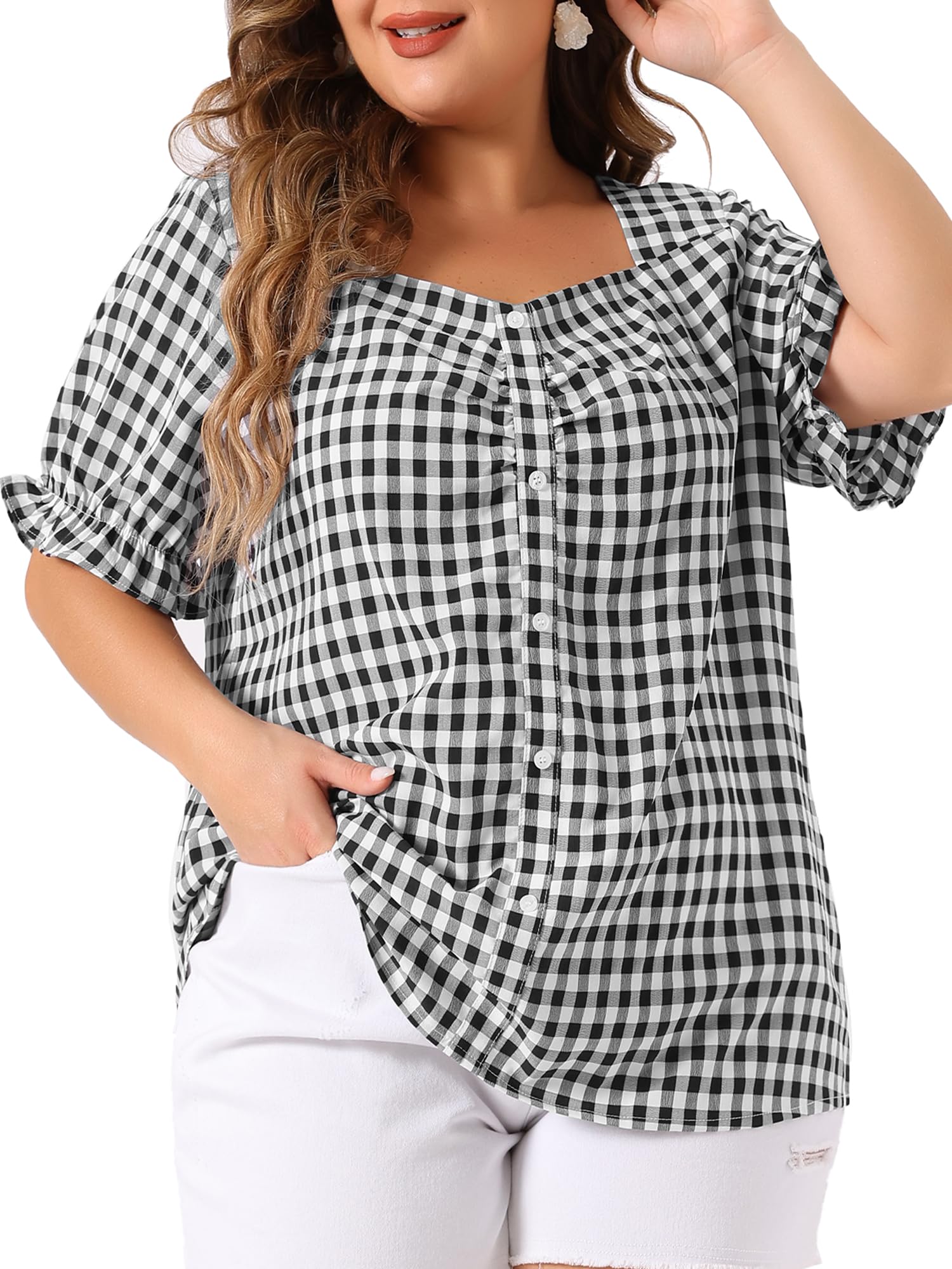 Agnes Orinda Women's Plus Size Gingham Tops 1950s Sweetheart Neck Flounce Sleeve