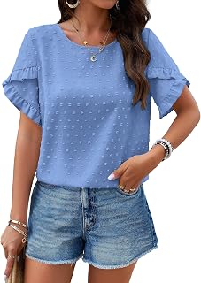 PRETTYGARDEN Women Tops 2024 Summer Ruffle Short Sleeve Round Neck Blouses Swiss Polka Dot Loose Tunic Work Shirts Solid Color