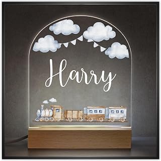 Beecreative Personalised Boys Train Bedroom Night Light - Custom LED Nursery Sleep Lamp Gifts with Any Childs Name