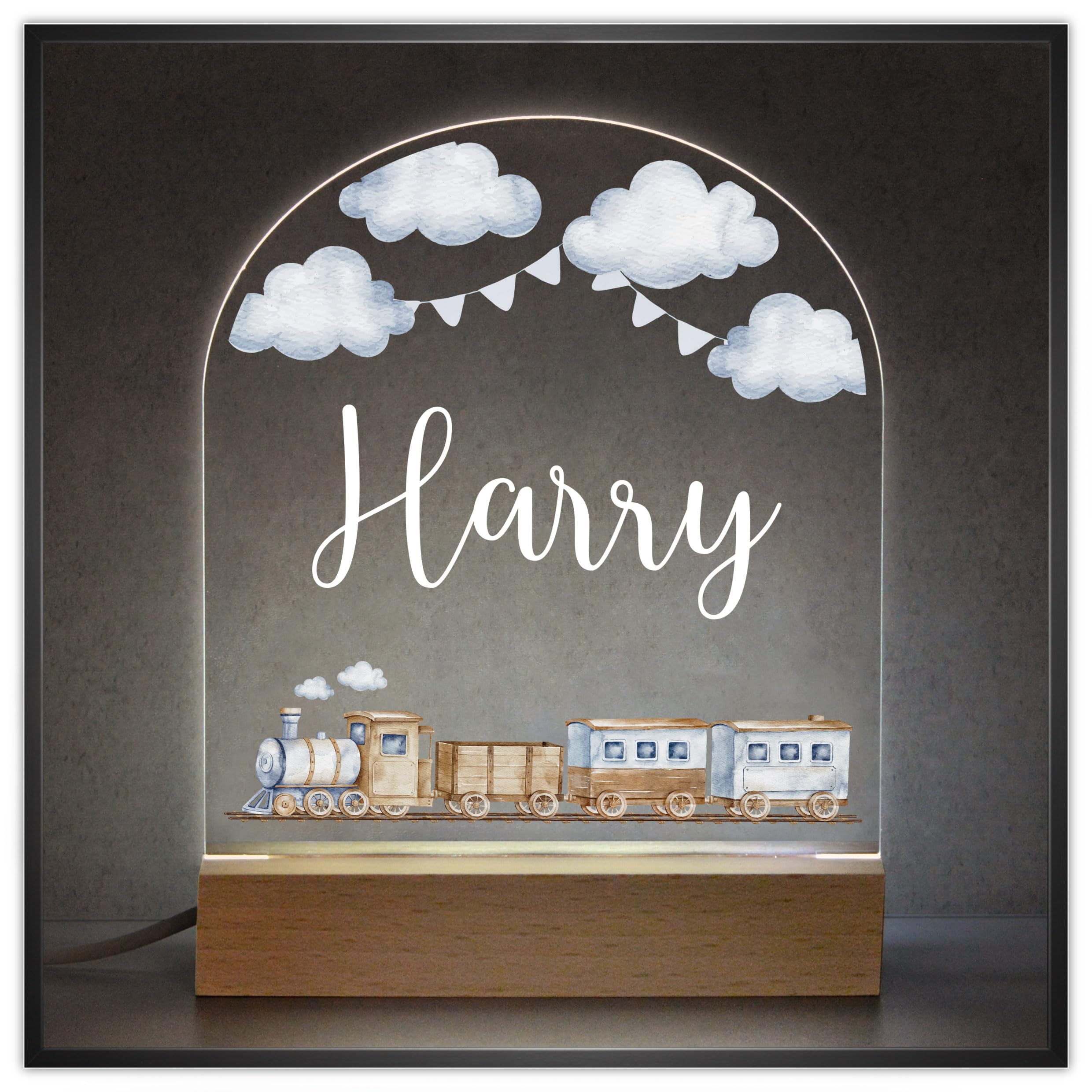 Beecreative Personalised Boys Train Bedroom Night Light - Custom LED Nursery Sle
