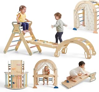 lalalark Pikler Triangle Set for 6M-6Y, 19-in-1 Wooden Montessori Climbing Set, Foldable Toddler Jungle Gym with Climbing Arch, Reversible Ramp & Tent Curtain for Crawl, Slide & Balance, Colorful