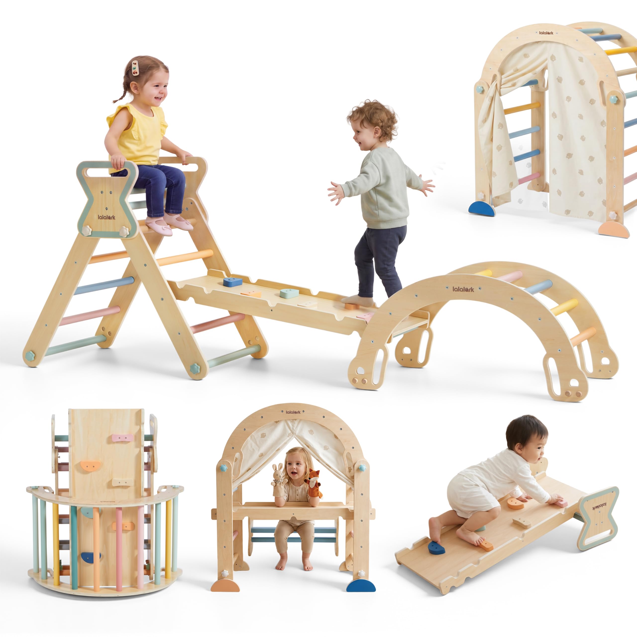 lalalark Pikler Triangle Set for 6M-6Y, 19-in-1 Wooden Montessori Climbing Set, 