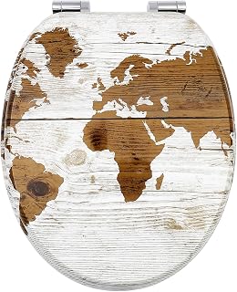 Toilet Seat with Soft-Close Mechanism, High-Quality Toilet Lid, Stable and Does Not Wobble, MDF Wooden Core Toilet Lid, Easy Assembly, Many Beautiful Designs (World Map)