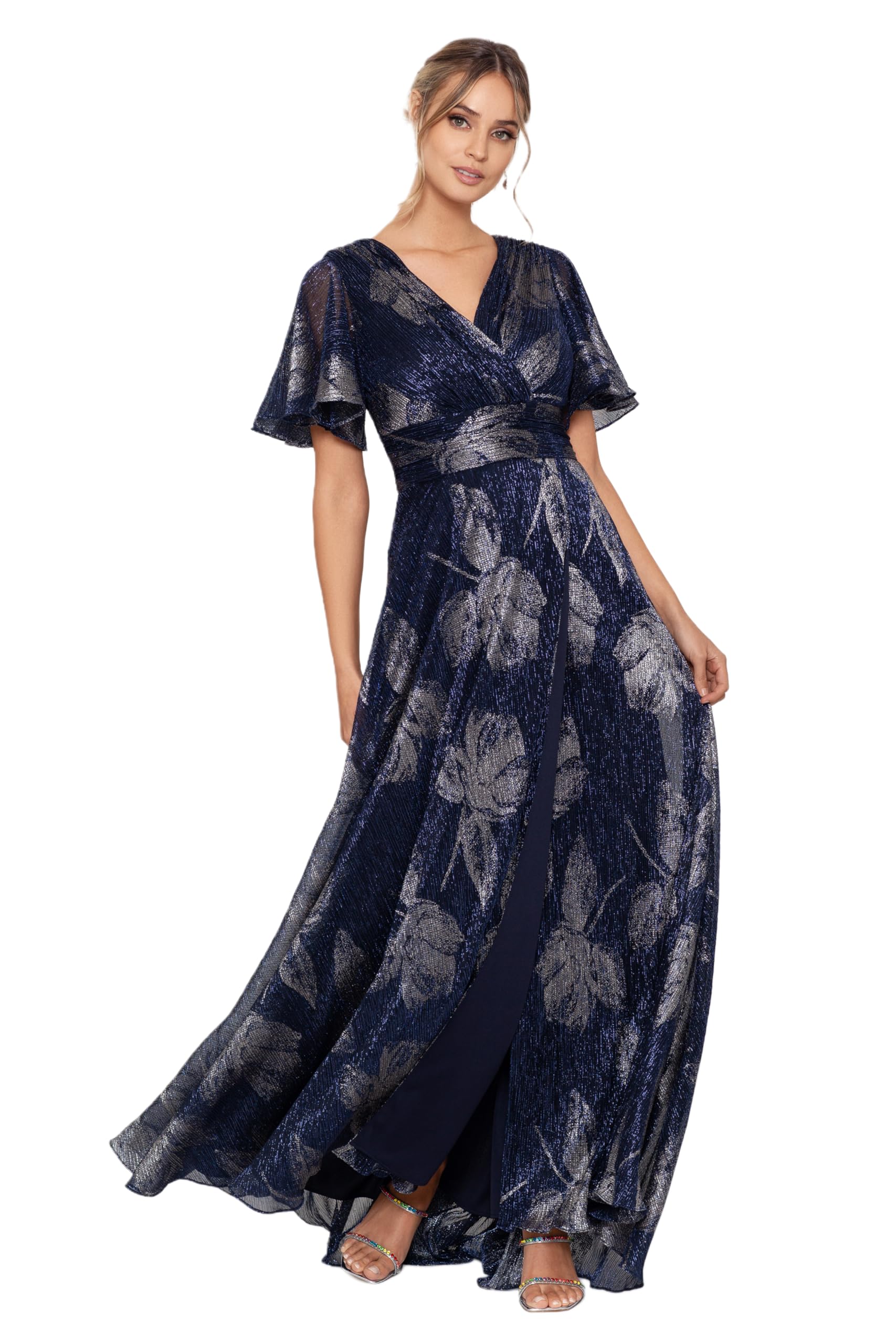 Betsy & Adam Women's V Neck Flutter Sleeve Metallic Print Flowy Dress