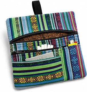 Russo Handmade Fabric Tobacco Pouch with Double Zip, 4 Compartments for Papers and Filters, Blue Melange