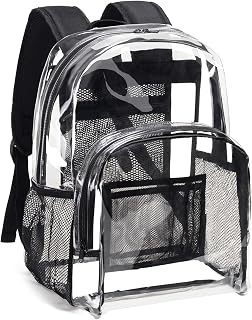 Vorspack Clear Backpack for School, Heavy Duty See Through Bookbag, Black | 16 Inch Transparent Backpacks for Girls Boys, 0.5mm Thick PVC, Fit 15.6'' Laptop, Clear Bag for Work Travel College