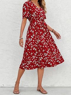 Women's Summer Casual Short Sleeve V Neck Midi Dress