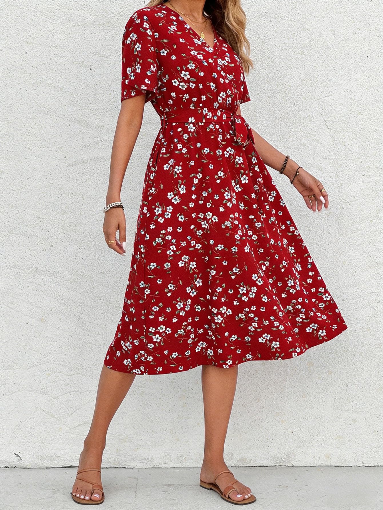 Women's Summer Casual Short Sleeve V Neck Midi Dress