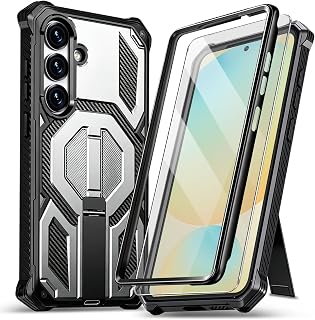 Full-Body Bumper Protective Case for Samsung Galaxy S24 FE 5G Case [with 2 Screen Protector] Hidden Adjustable Metal Kickstand, Heavy-Duty Shockproof Rugged Magnetic Cover (Gray, Samsung S24 FE)