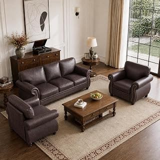 Couchus 3-Piece Sofa Set, 88" 3-Seater, 42" Armchairx2, Brown