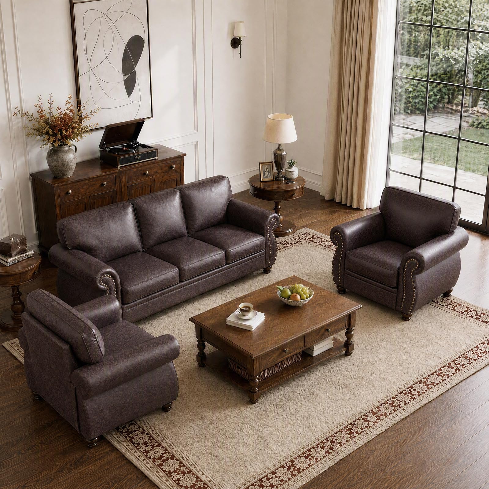 Couchus 3-Piece Sofa Set, 88" 3-Seater, 42" Armchairx2, Brown