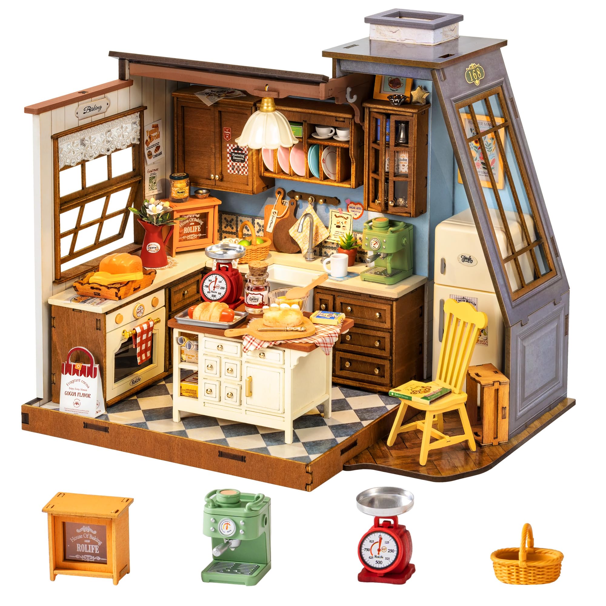 Rolife Baking Kitchen DIY Miniature House Kit with LED Light | 1:18 Scale 359 Pc