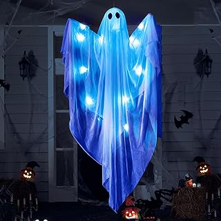 JOYIN Halloween Hanging Light up Ghost, 47” White Ghosts with Blue LED Light and Timer Halloween Hanging Decoration Waterproof for Front Yard Patio Lawn Garden Party Decor Indoor Outdoor