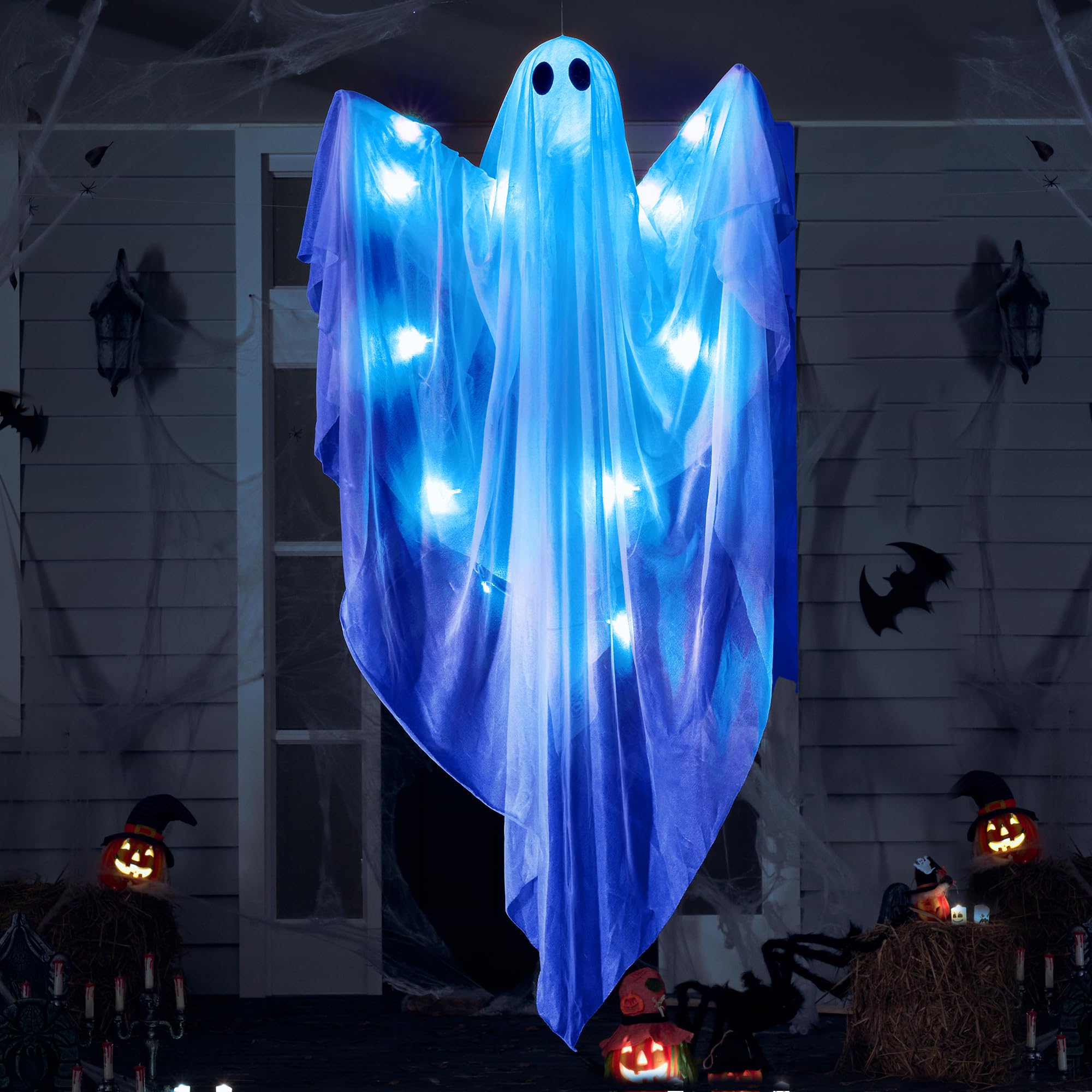 JOYIN Halloween Hanging Light up Ghost, 47” White Ghosts with Blue LED Light and