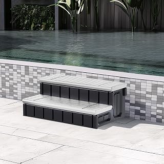 KUAFU Universal Spa Hot Tub Step with Storage Outdoor Indoor Compartment | Spa 2-Step Stool Pool Ladder Handi Step Slip Resistant Striped Light Gray+Black