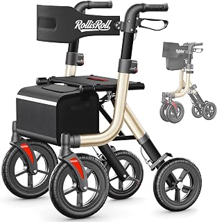 Walkers for Seniors, Rollator Walker with Seat, 10" Big Rubber Wheels All Terrain Rolling Walker, Lightweight Foldable Rollator Walker, Built-in Cable, Reinforced Aluminum Frame, Golden