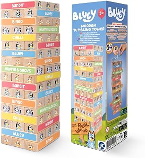 Bluey 8th Wonder Stackable Tumbling Tower Game, Robust Wooden Stacking Game with 54 Illustrated Colored Blocks, Fun Balancing Toy for Kids Ages 3+