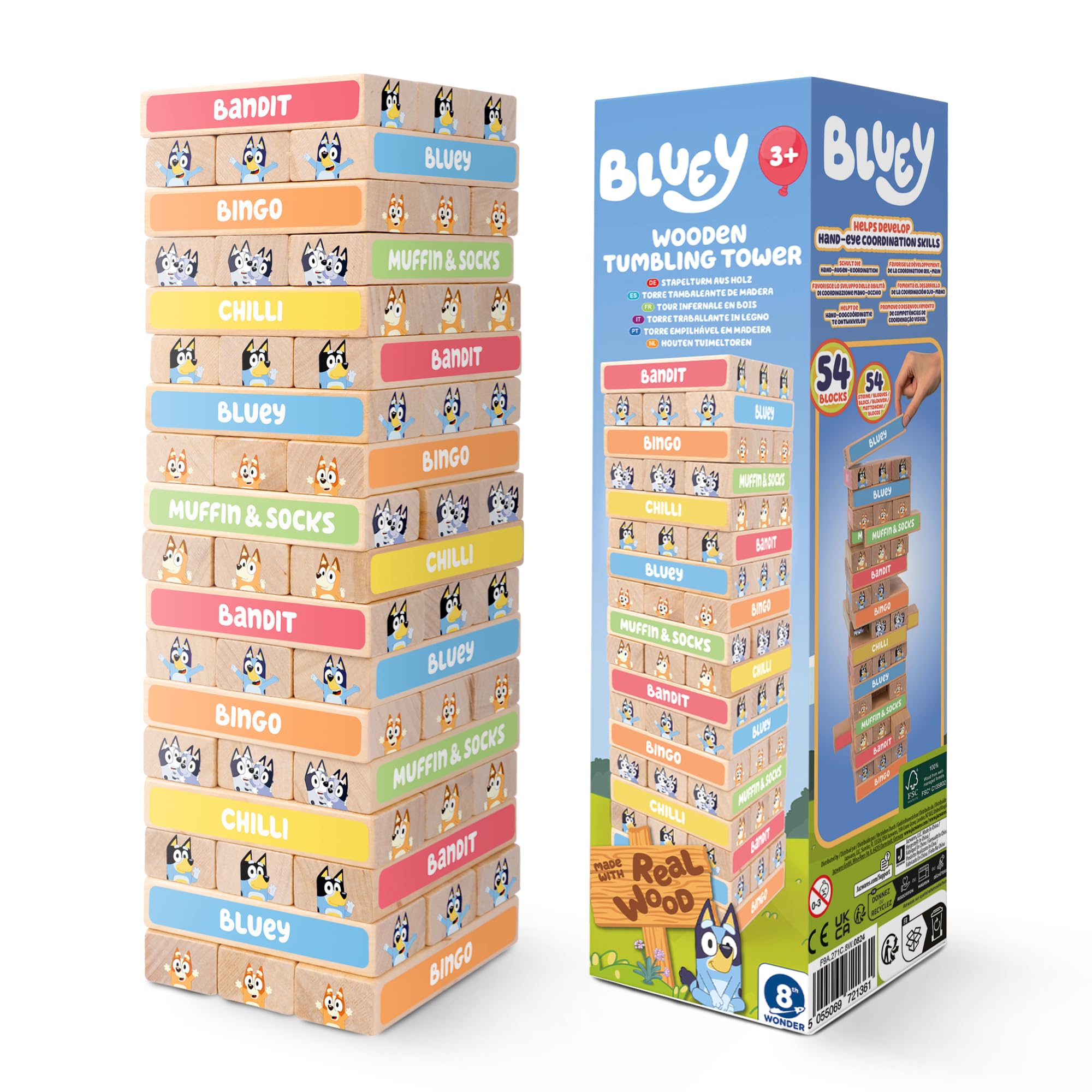 Bluey 8th Wonder Stackable Tumbling Tower Game, Robust Wooden Stacking Game with