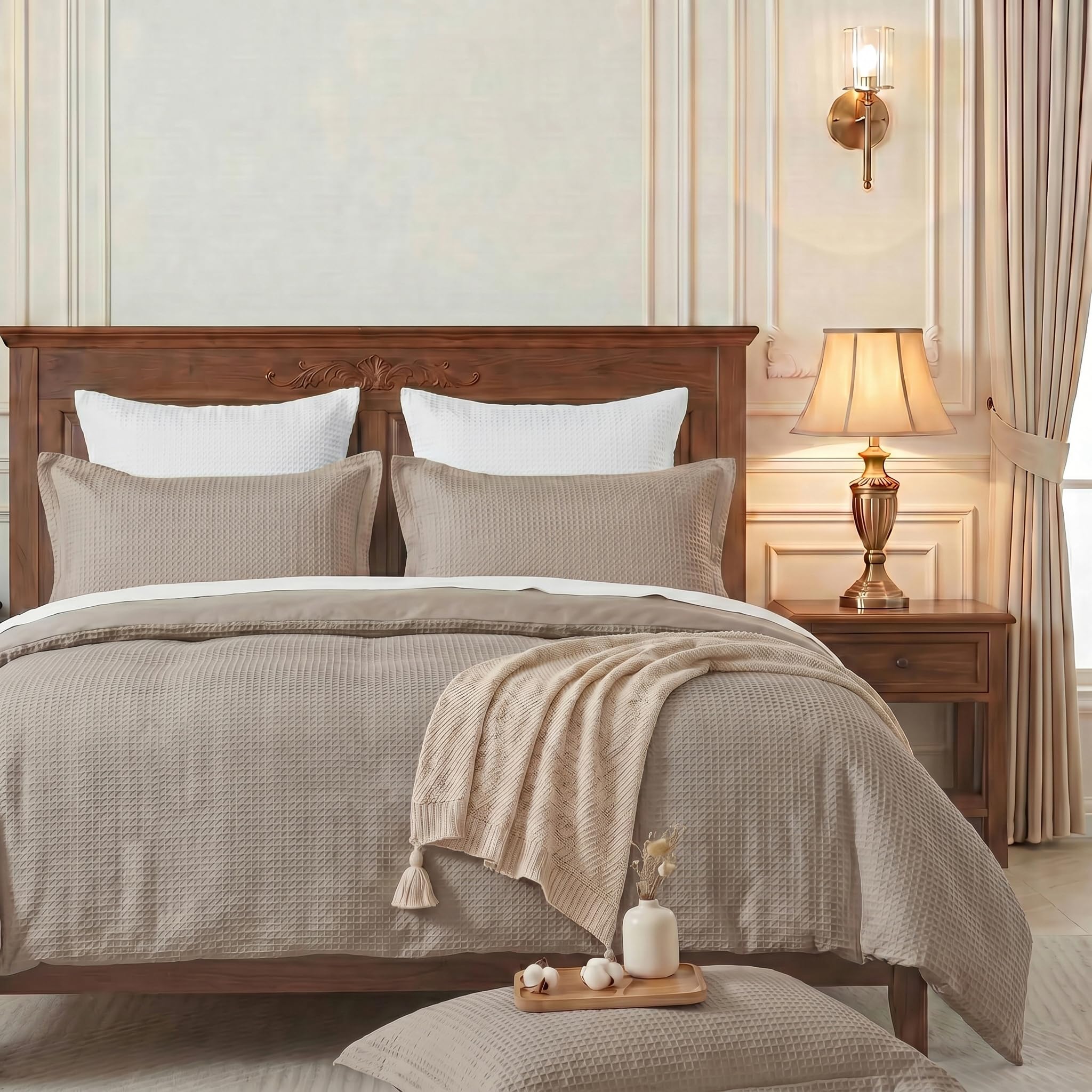 100% Cotton Waffle Weave Duvet Cover Set Queen Size,90”x90”(Linen)