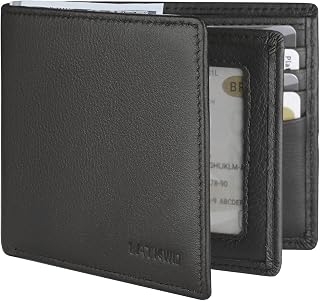 Men’s Genuine Leather Bifold Wallet RFID Blocking Slim Front Pocket | 10 Card Slots, 2 ID Windows, 2 Cash Pockets, Heavy Duty Stitched, Black, Large Capacity, 4.33 x 3.54 x 0.47 in