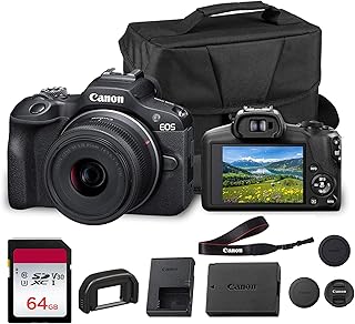 Canon EOS R100 Mirrorless Camera with RF-S 18-45mm Lens Bundle | For Beginners | 24.1MP APS-C Mirrorless Camera | Full HD Video | Dual Pixel AF + 64GB Memory Card + Camera Bag