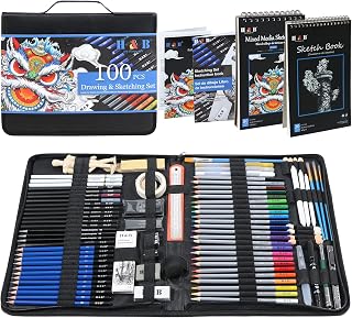 H & B 100pcs Sketching Set with Sketch Pads – Drawing Supplies for Adults and Teens, Watercolour Pencils, Charcoal Pencils, Shading Tools – Ideal Art Gift for Beginners & Artists