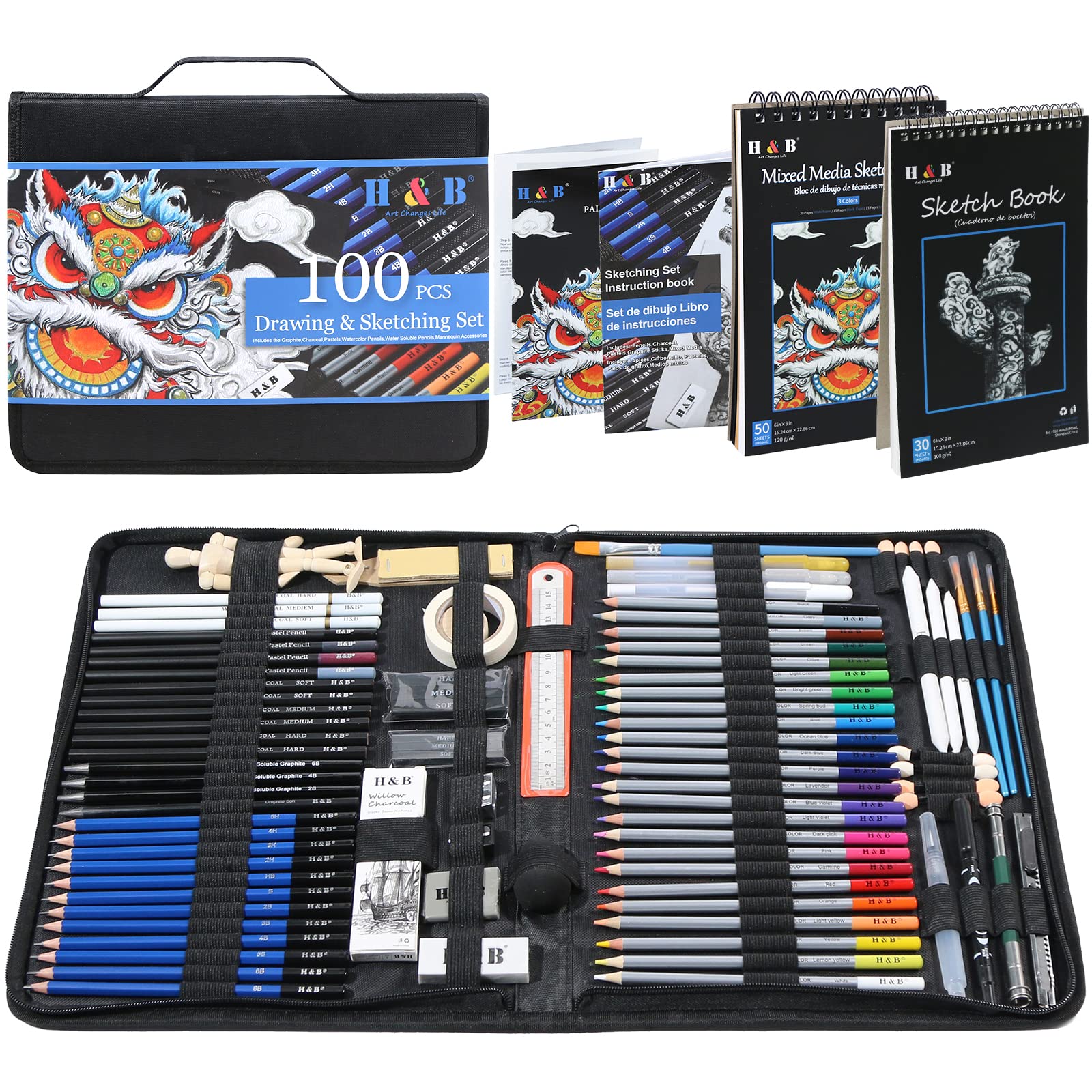 H & B 100pcs Sketching Set with Sketch Pads – Drawing Supplies for Adults and Te