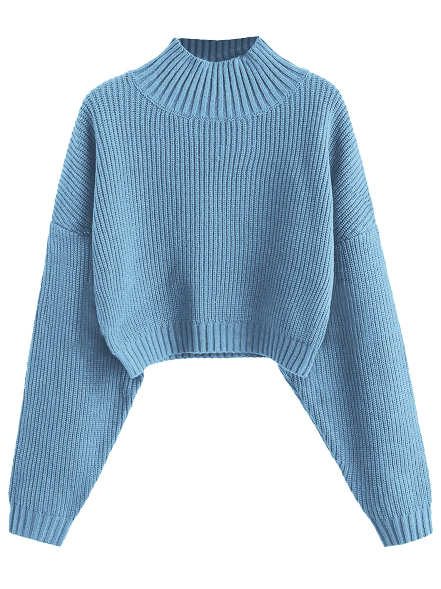 ZAFUL Women's Cropped Turtleneck Sweater Lantern Sleeve Ribbed Knit Pullover Swe