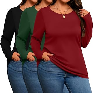 Evervibe 3 Pack Women's Plus Size Cotton Shirts Long Sleeve Tops