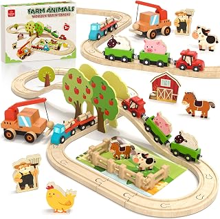 Lehoo Castle Farm Wooden Train Set, Wooden Train Tracks Set for Kids | Compatible with Most Wooden Tracks, Ideal Railway Playset with Crane, Great Birthday Gift for Boys & Girls Ages 3+
