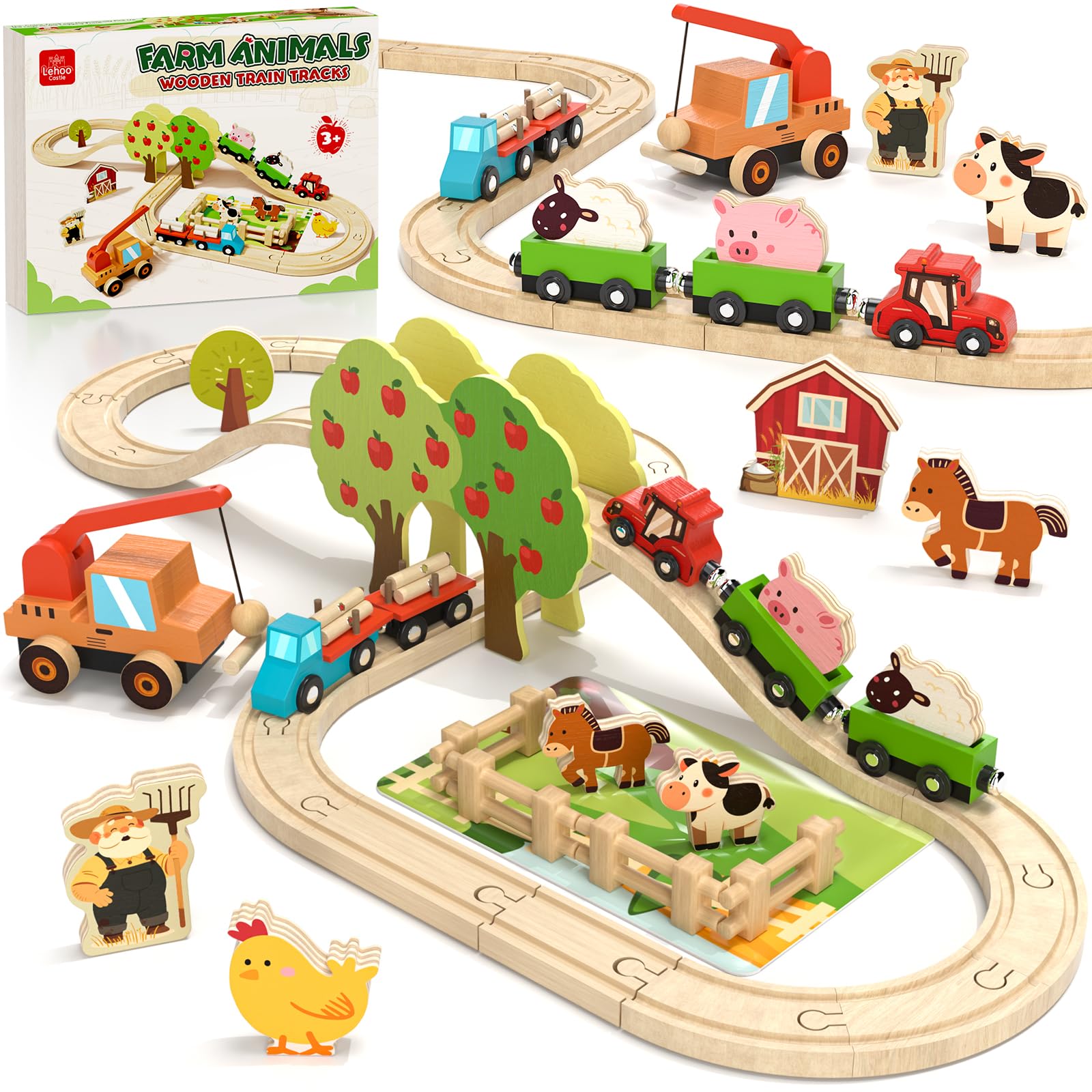 Lehoo Castle Farm Wooden Train Set, Wooden Train Tracks Set for Kids | Compatibl