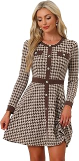 Allegra K Women's Houndstooth Plaid A-Line Elegant Business Work Dress
