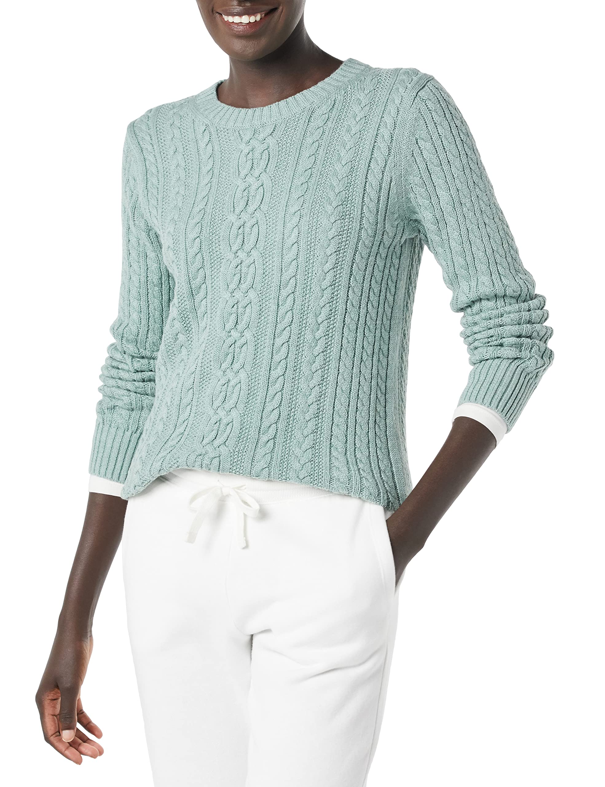 Amazon Essentials Women's Regular Fit Soft Cotton Cable Knit Ribbed Crewneck Swe