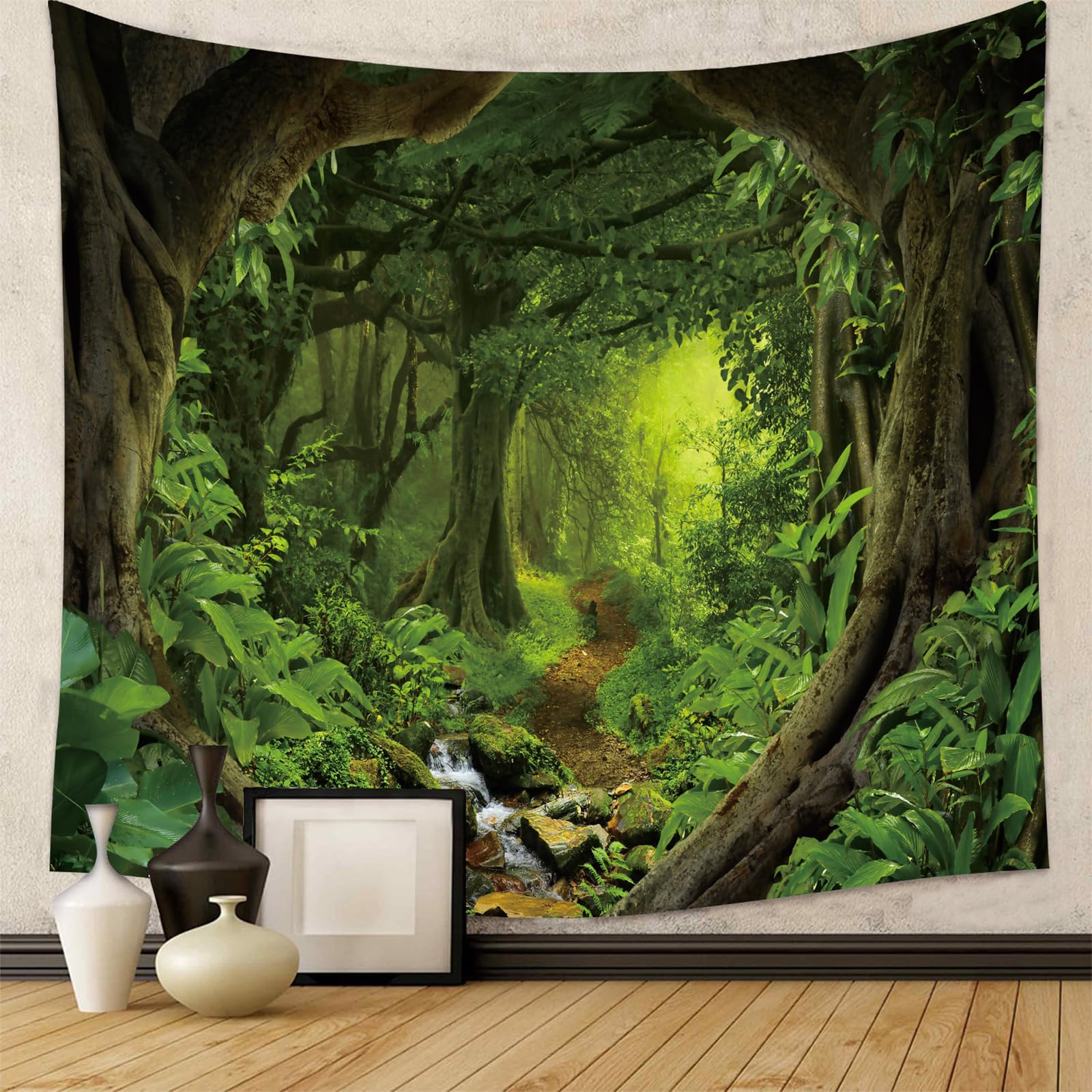 Forest Nature Tapestry Wall Hanging, Green Forest Scenic Decor for Bedroom, Livi
