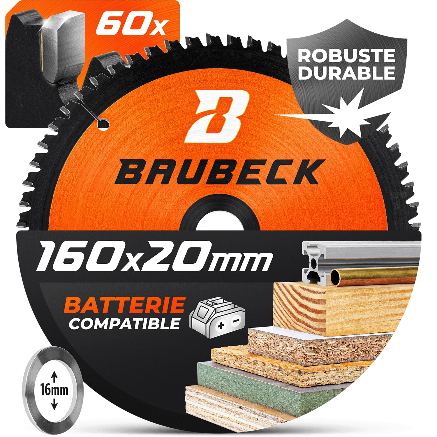 BAUBECK Circular Saw Blade 160 x 20 mm for Cordless Machines | 16 mm Reduction R
