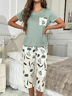 Pigiama da donna, 2 pezzi, top a maniche corte con pantaloni di media lunghezza abbinati, set per dormire a casa stampato stile carino