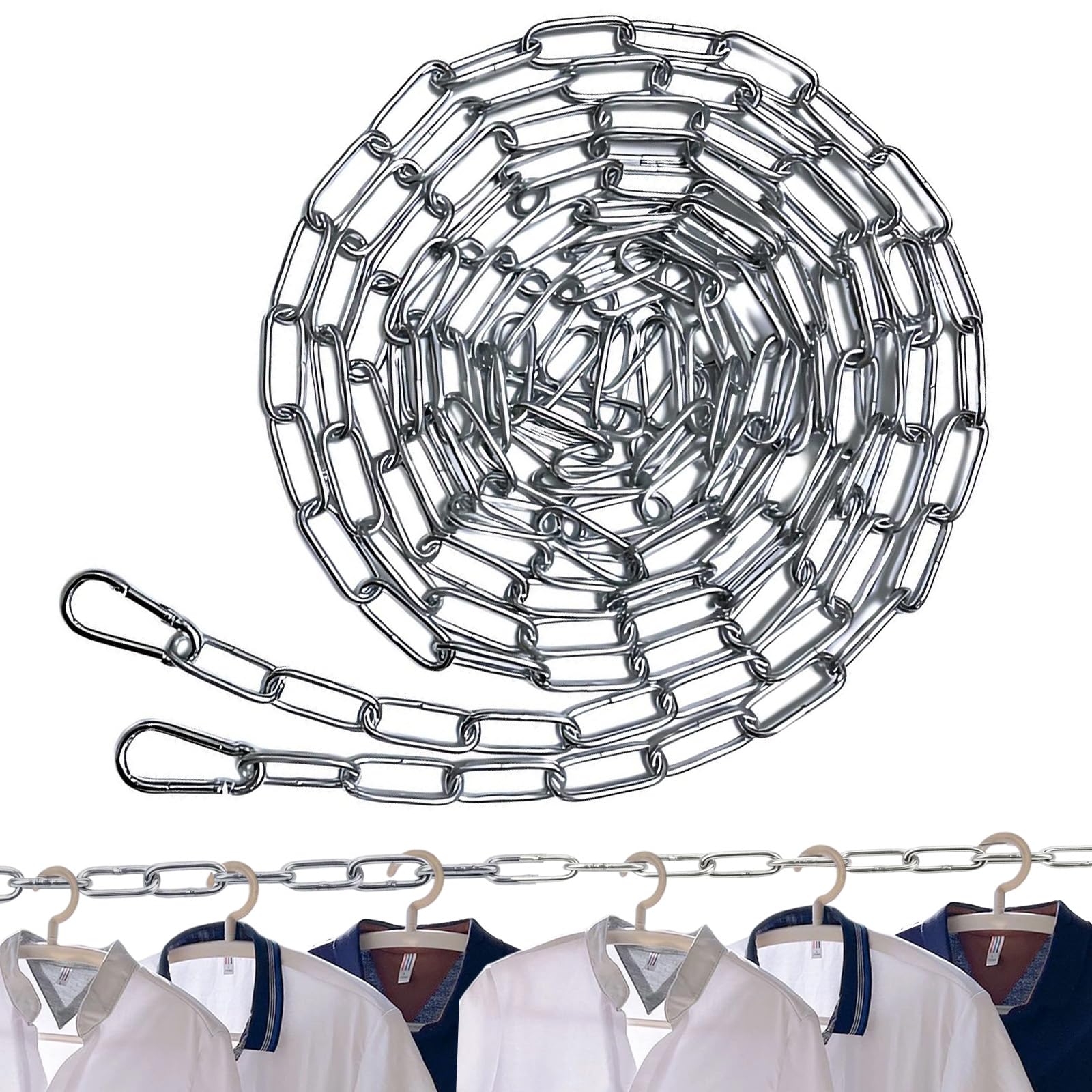 Stainless Steel Chain 2m with 2 Safety Clips, 3mm Welded Polished Heavy-Duty Met