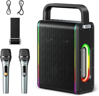 Moukey MPS5 Portable Karaoke Machine, 200W Peak Power Rechargeable Bluetooth Speaker with 2 Wireless Microphones& Strap, Support REC/AUX/MP3/USB/TF, for Home/Party/Outdoor/Adults/Kids