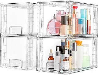 Vtopmart 4 Pack Large Stackable Storage Drawers, Clear | Easily Assemble Bathroom Closet Undersink Organizers and Storage Kitchen Cabinets,Pantry,Makeup,Medicine Organization