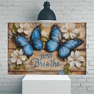 Just Breathe Quotes With Blue Butterflies White Flowers Vintage Rustic Canvas Wall Art - 12x45 inch Unframed Poster - Home & Office Decor for Living Room Bedroom Kitchen & Cafe